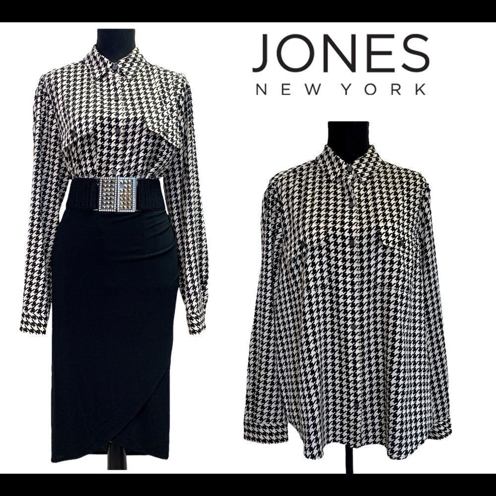 JONES New York collection houndstooth button front blouse black white Sz14 NWOT